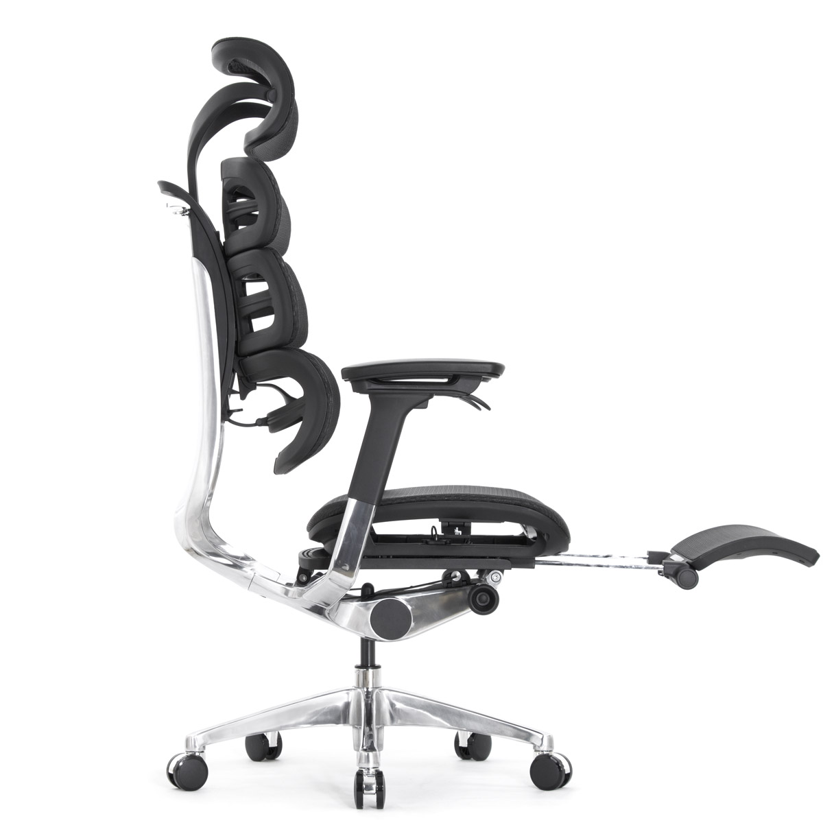 Эргономичное кресло Falto Evolution с подножкой (тихие вставки, управление на подлокотниках, сетка, чёрный)