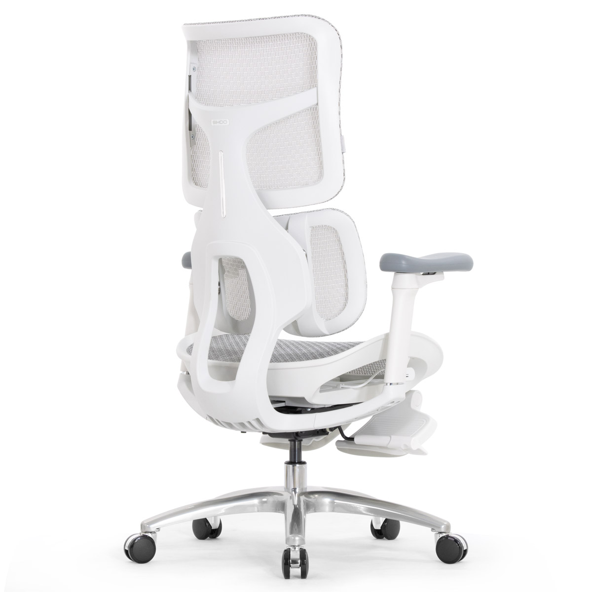 Эргономичное кресло Falto Scala Office с подножкой (разделённый поясничный упор, сетка, каркас белый, серый)